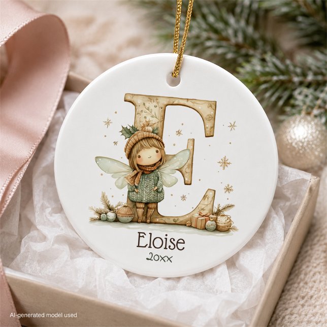 Cute Christmas Fairy Initial Personalized Holiday  Ceramic Ornament (Creator Uploaded)