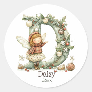Cute Christmas Fairy Initial Personalized Holiday Classic Round Sticker