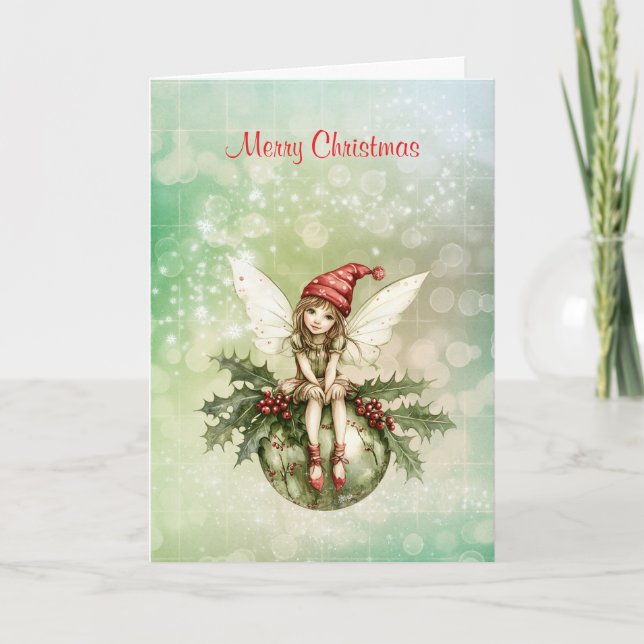 Cute Christmas Fairy on an Ornament Holiday Card (Front)