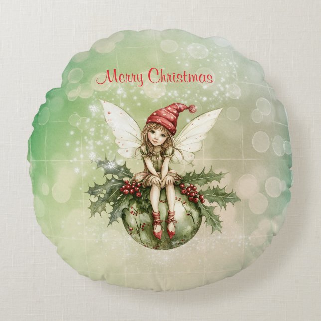 Cute Christmas Fairy on an Ornament Round Pillow (Front)