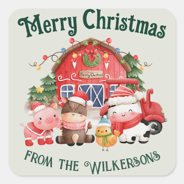 Cute Christmas Farm Animals on Sage Green Square Sticker (Front)