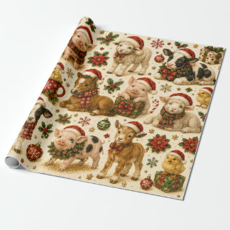 Cute Christmas Farm Animals Pattern Gift Wrapping Paper