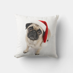Cute Christmas Fawn Pug Santa Hat Puppy Dog Eyes Throw Pillow