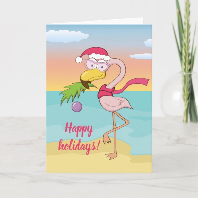 Cute Christmas flamingo on the beach Custom text Holiday Card (Front)