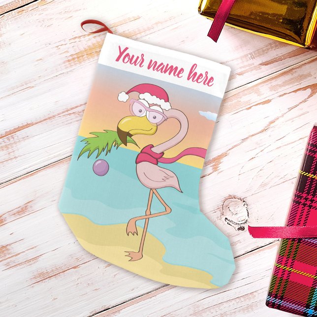 Cute Christmas Flamingo on Tropical Beach Name Small Christmas Stocking (Creator Uploaded)