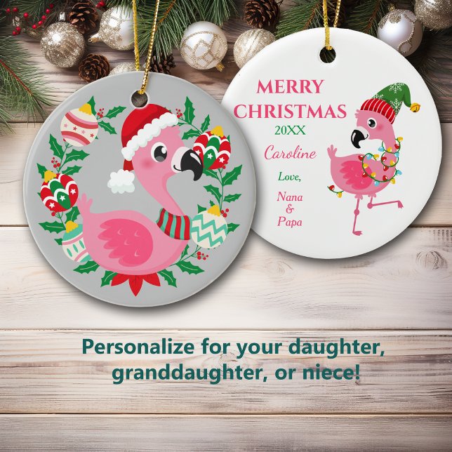 Cute Christmas Flamingo Wreath Granddaughter Ceramic Ornament (Creator Uploaded)