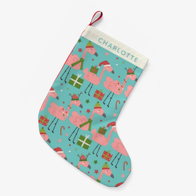 Cute Christmas Flamingos Aqua Blue Personalized Small Christmas Stocking (Front (Hanging))