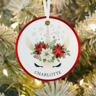 Cute Christmas Floral Unicorn Holiday Personalized Metal Ornament