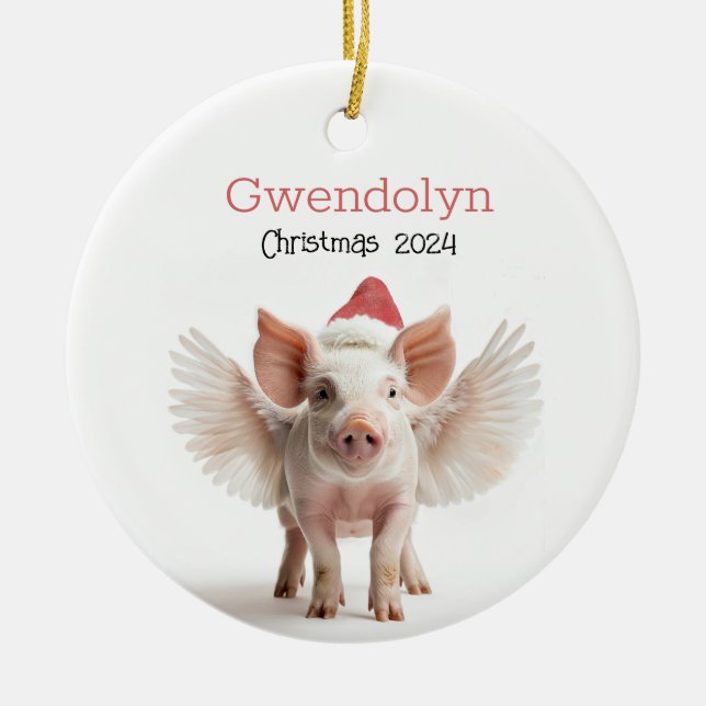 Cute Christmas Flying Pig Personalized Ornament (Front)