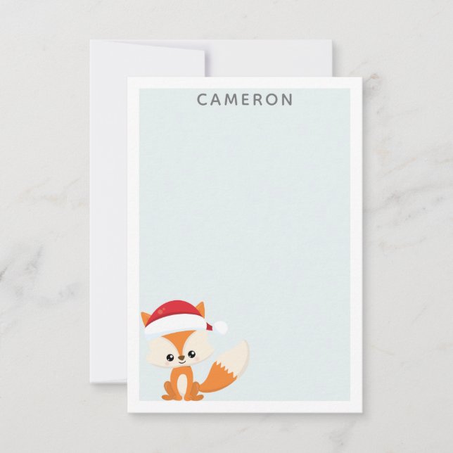 Cute Christmas Fox in Santa Hat Teal Personalized Card (Front)