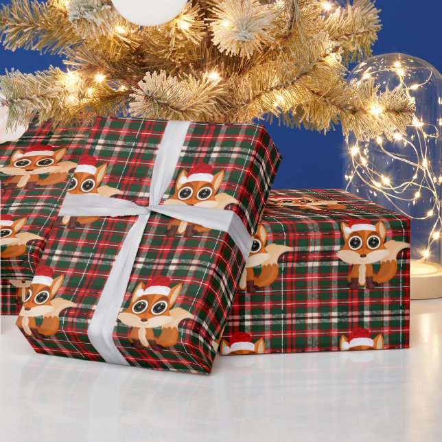 Cute Christmas Fox Pattern Festive Holiday Plaid Wrapping Paper (Holidays)