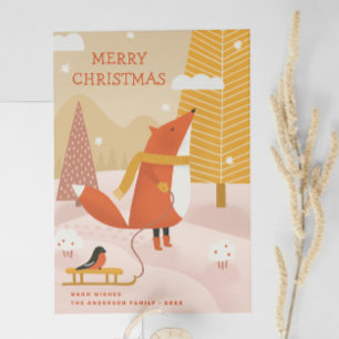 Cute Christmas Fox   Scandinavian Winter Forest Holiday Card