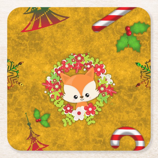 Cute Christmas Fox Square Paper Coaster (Front)