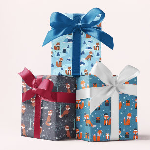 Cute Christmas Fox Winter Snow Patterns Wrapping Paper Sheet