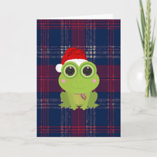Cute Christmas Frog Holiday Card on Blue Red Plaid