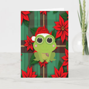 Cute Christmas Frog Holiday Card on Plaid