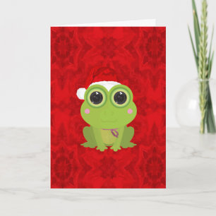Cute Christmas Frog Holiday Card on Red Abstract