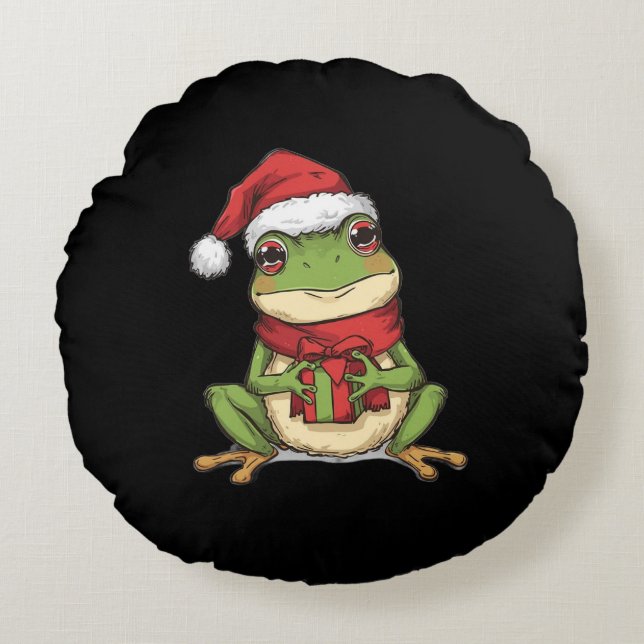 Cute Christmas Frog Sweater - Santa Frog Holding G Round Pillow (Front)