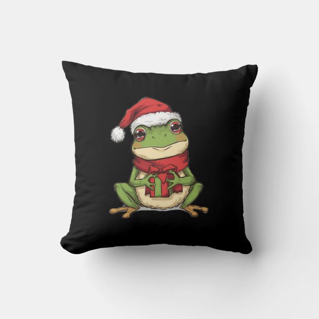 Cute Christmas Frog Sweater - Santa Frog Holding G Throw Pillow (Front)