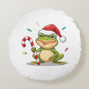 Cute Christmas Frog With Candy Cane - Funny Holida Round Pillow