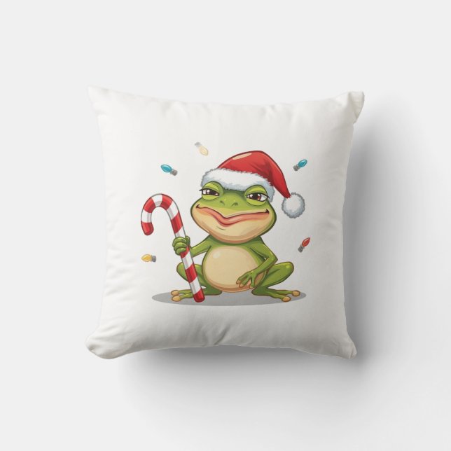Cute Christmas Frog With Candy Cane - Funny Holida Throw Pillow (Front)