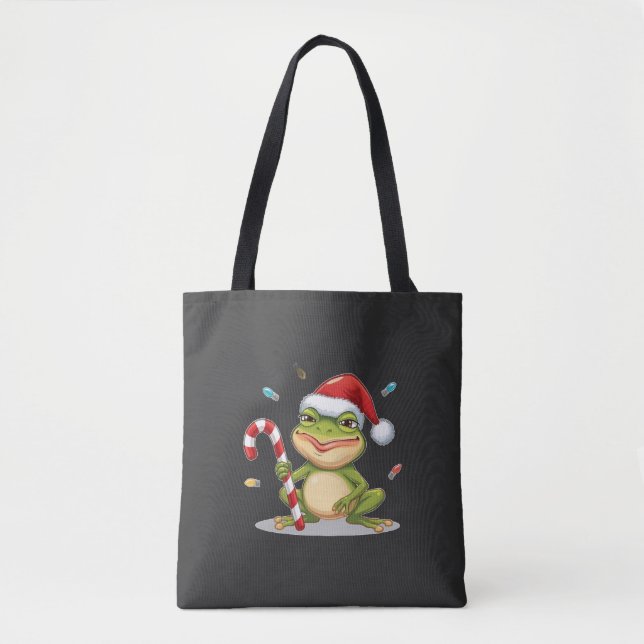 Cute Christmas Frog With Candy Cane - Funny Holida Tote Bag (Front)