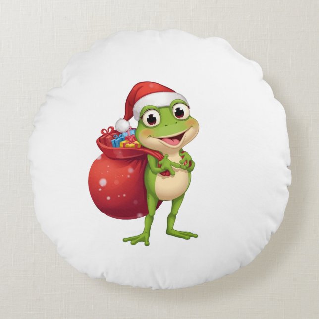 Cute Christmas Frog with Gift Bag - Santa Frog Hol Round Pillow (Front)