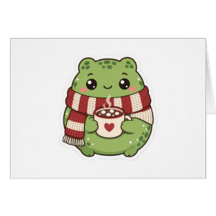 Cute Christmas Frog with Hot Cocoa and Scarf Card
