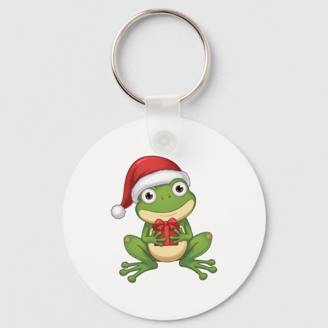 Cute Christmas Frog with Santa Hat and Gift |  Fun Keychain (Front)