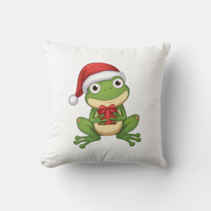 Cute Christmas Frog with Santa Hat and Gift Fun Throw Pillow