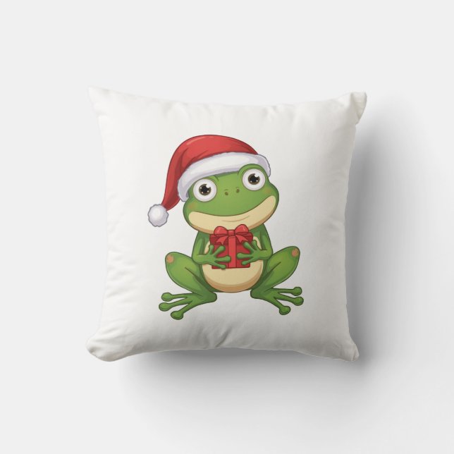 Cute Christmas Frog with Santa Hat and Gift |  Fun Throw Pillow (Front)
