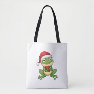 Cute Christmas Frog with Santa Hat and Gift    Fun Tote Bag