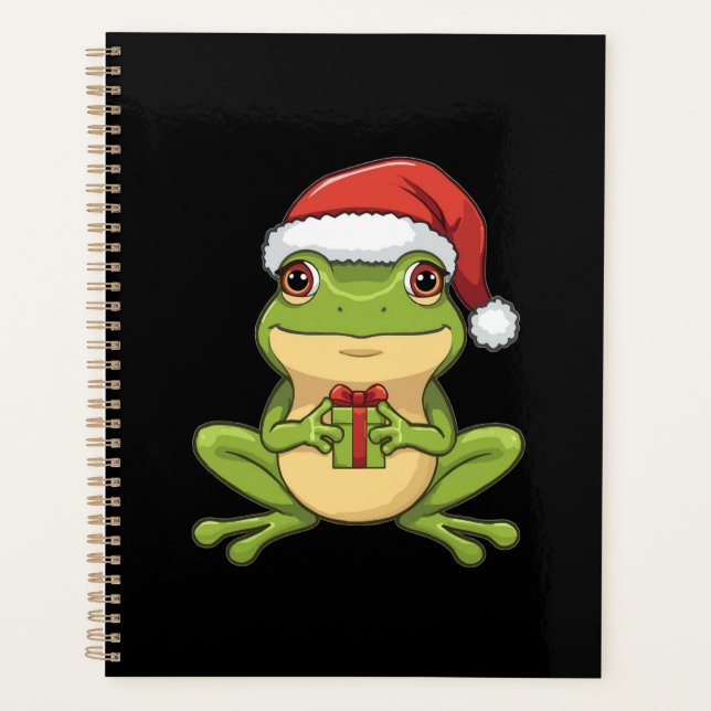 Cute Christmas Frog with Santa Hat Holding  Gift - (Devant)