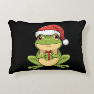 Cute Christmas Frog with Santa Hat Holding  Gift - Accent Pillow
