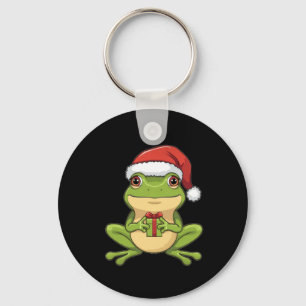 Cute Christmas Frog with Santa Hat Holding Gift - Keychain