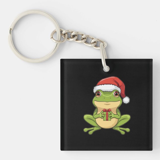 Cute Christmas Frog with Santa Hat Holding  Gift - Keychain (Front)