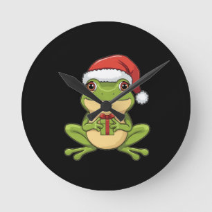 Cute Christmas Frog with Santa Hat Holding  Gift - Round Clock
