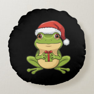 Cute Christmas Frog with Santa Hat Holding  Gift - Round Pillow