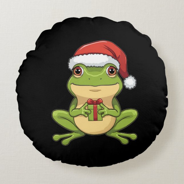 Cute Christmas Frog with Santa Hat Holding  Gift - Round Pillow (Front)