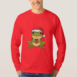 Cute Christmas Frog with Santa Hat Holding Gift - T-Shirt