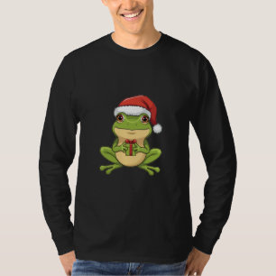 Cute Christmas Frog with Santa Hat Holding Gift - T-Shirt