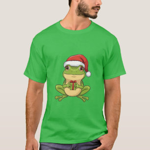 Cute Christmas Frog with Santa Hat Holding Gift - T-Shirt