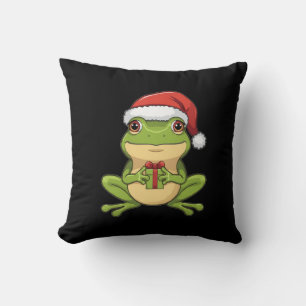 Cute Christmas Frog with Santa Hat Holding  Gift - Throw Pillow