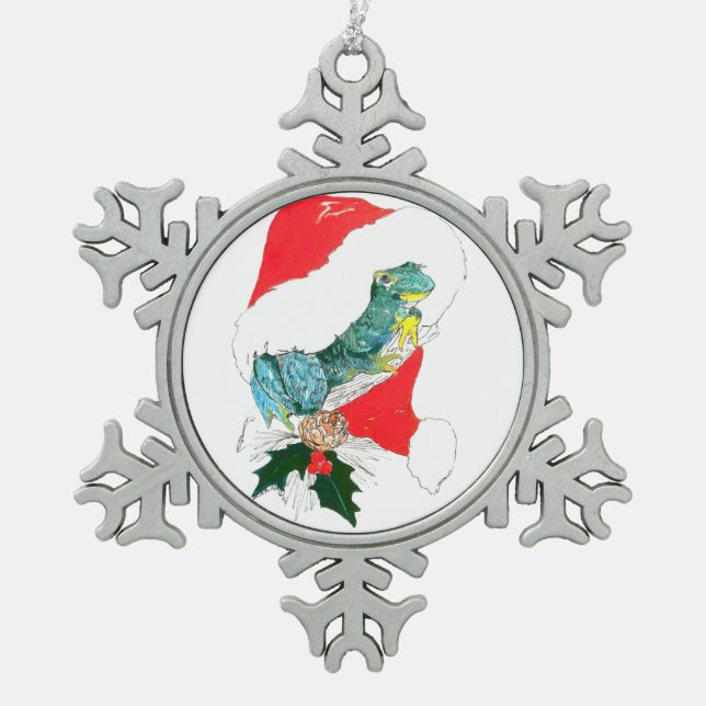 Cute Christmas Frog with Santa Hat Whimsical Snowflake Pewter Christmas Ornament (Front)