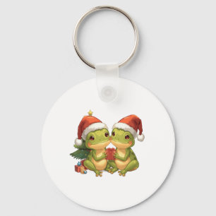 Cute Christmas Frogs Holding Gifts Adorable Holid Keychain