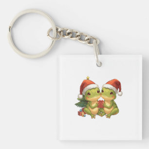 Cute Christmas Frogs Holding Gifts Adorable Holid Keychain
