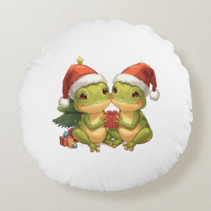 Cute Christmas Frogs Holding Gifts  Adorable Holid Round Pillow