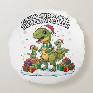 Cute Christmas Fukuiraptor Family – Festive Dino C Round Pillow