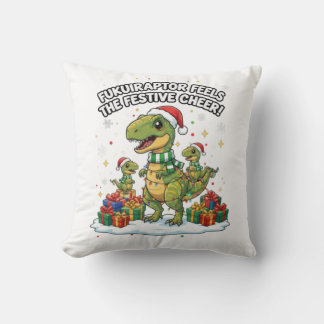 Cute Christmas Fukuiraptor Family – Festive Dino C Throw Pillow
