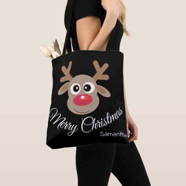 Cute Christmas Fun Cartoon Reindeer Black Tote Bag (Close Up)
